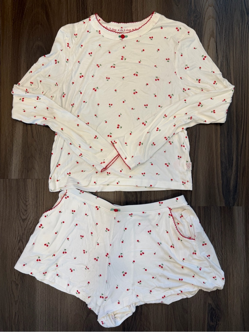 Primark Long-Sleeve Top & Shorts Pajama Set with Red Cherry Print. (Sizes below)